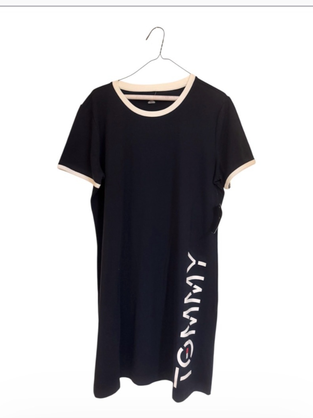 Tommy Hilfiger Black Midi T-Shirt Dress with Cream Trim